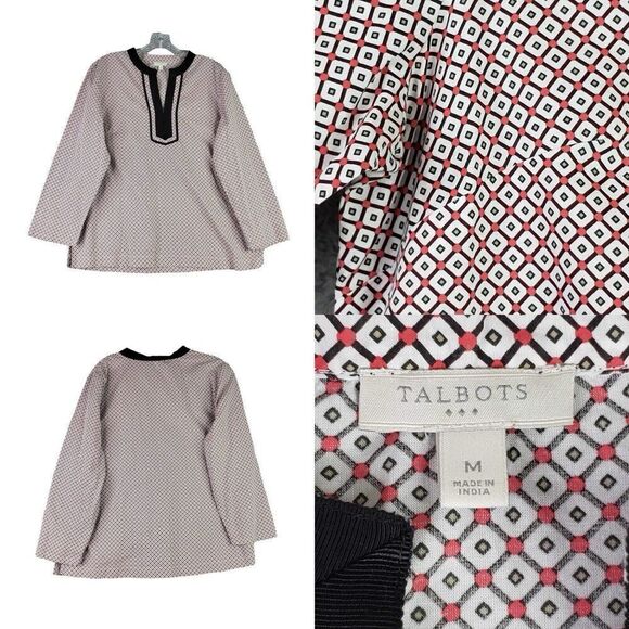 Talbots Shirt Tunic Top Red Black Women’s Size Medium M Cotton Geometric - Picture 1 of 8